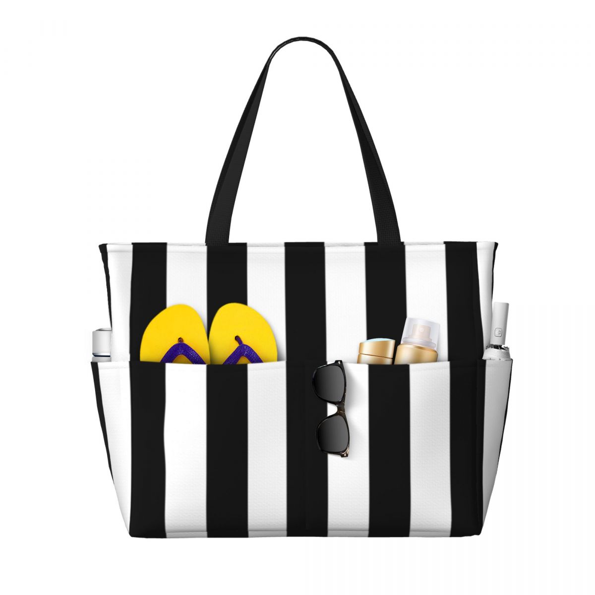 Yoga Fitness Tote - 블랙 화이트 스트라이프 비치 토트 백